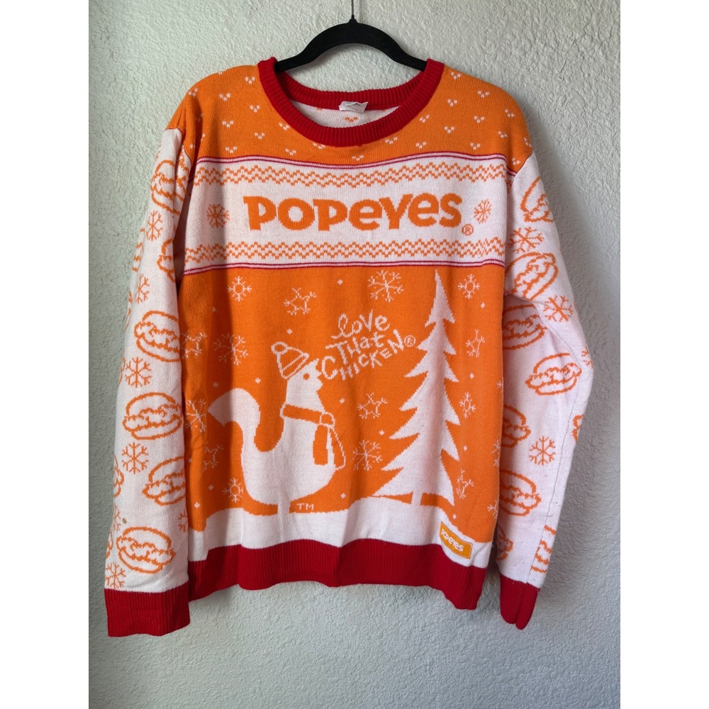 Popeyes‎ Ugly Christmas Sweater Men's Large Orange Love That Chicken Holiday